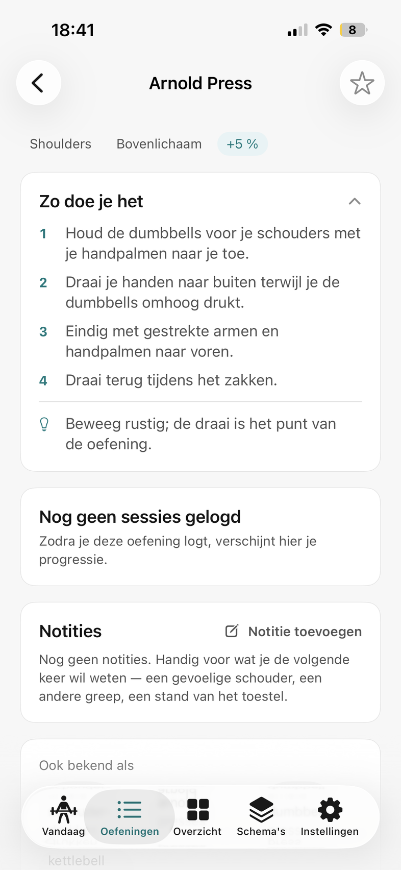 Het detailscherm van de Arnold Press in Uvolve met vier stappen uitleg, een tip over de beweging en een veld voor notities.